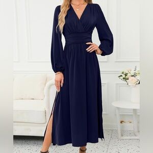 Chic Navy Blue Maxi Dress Empire Waist Lantern Sleeves